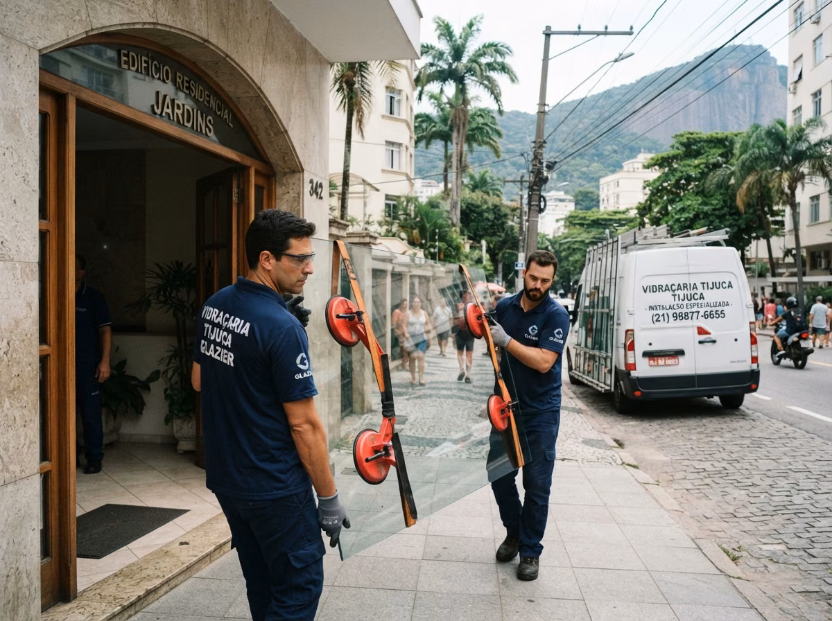 Equipe preparada para transportar e instalar vidros