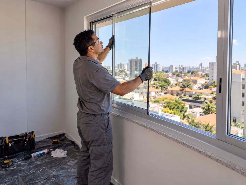 Técnico alinhando painel de vidro em uma janela de apartamento