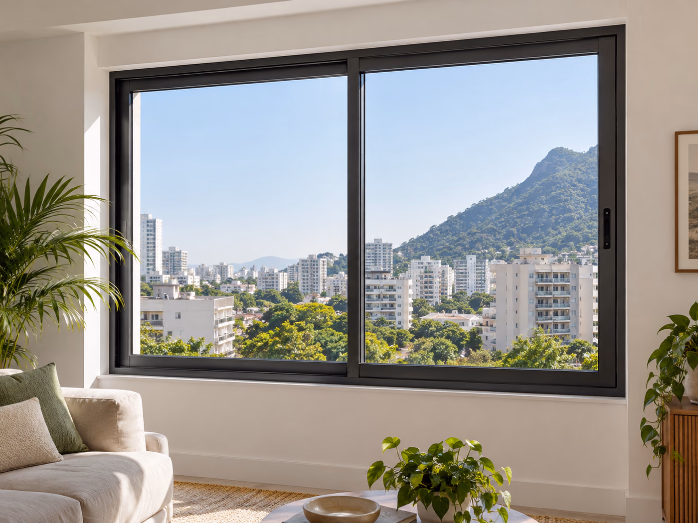 Janela de vidro de correr com esquadria escura em sala bem iluminada