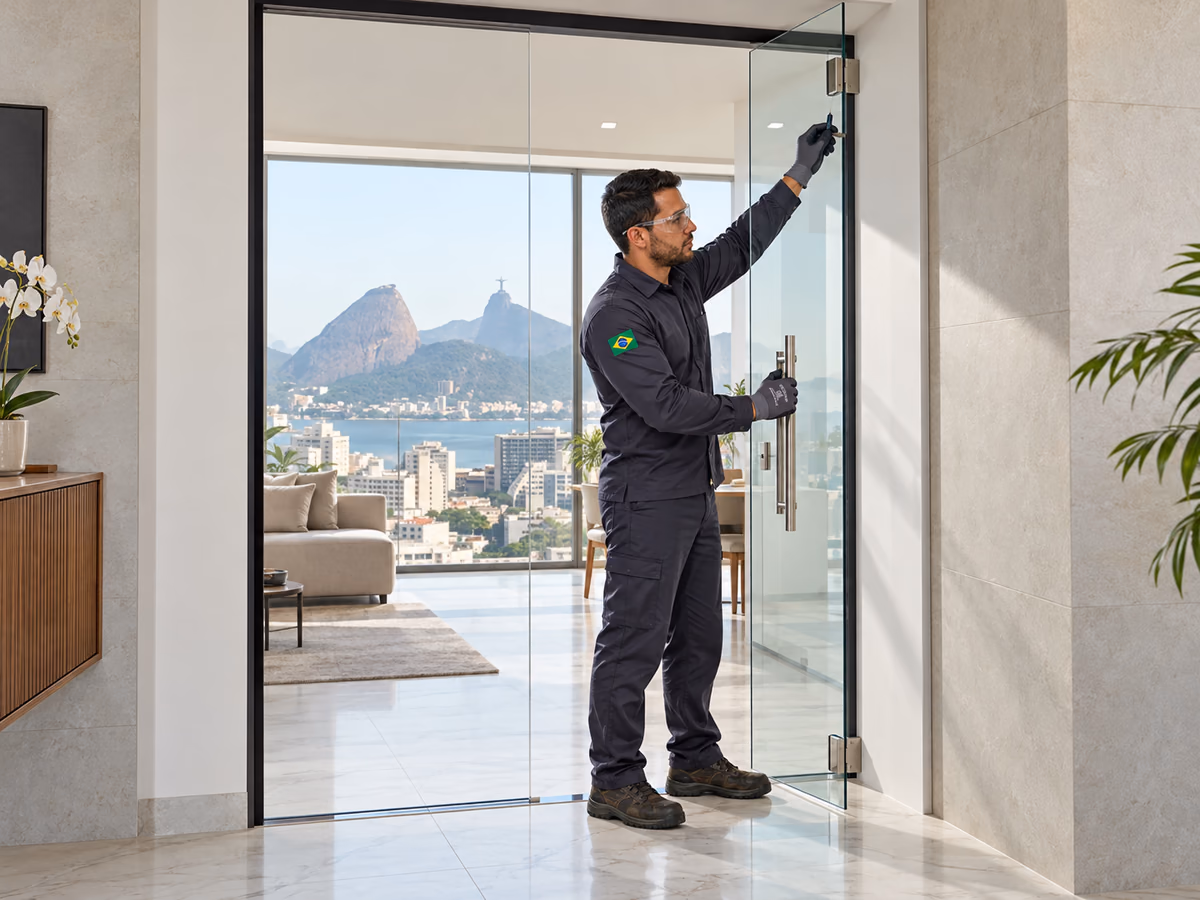 Profissional em pé instalando porta Blindex de altura completa na Tijuca RJ