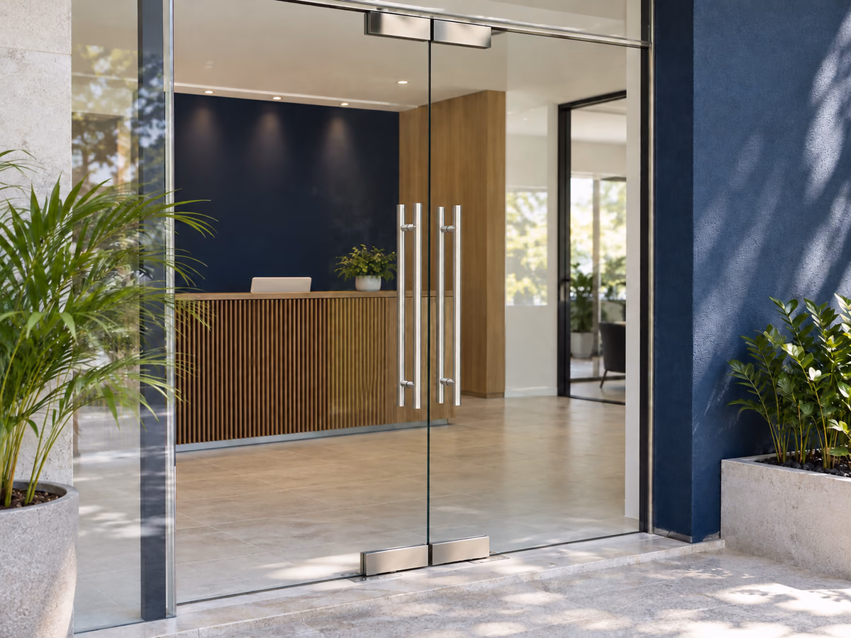Porta Blindex pivotante de duas folhas com ferragens em aço em entrada comercial